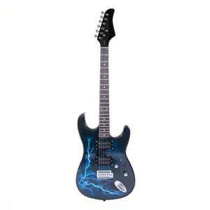 LEADZM Right-Handed Lightning Style Electric Guitar Beginner Kit - Basswood Body, Maple Fingerboard, 123.45oz/3500g, Portable, Includes Power Cord, Guitar Belt Sling, Shoulder Strap, Bag, Plectrums, Black & Dark Blue for Adult Learning
