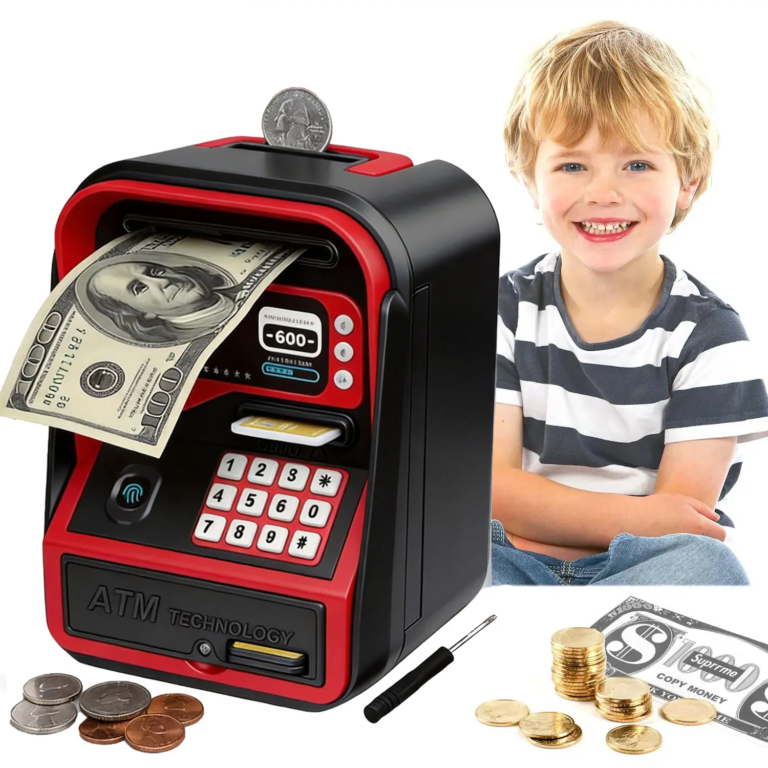 Piggy Bank for Boys Girls, Large Capacity Coin Bank Money Jar, Electronic ATM Coin Cash Bank with Password Code Lock and Auto Grab Bill Slot – Summer Gift & Children's Day Gift
