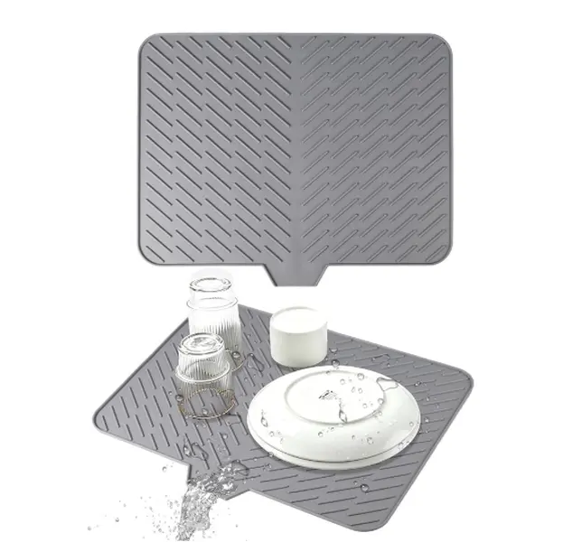 Large Dish Drying Mat with Drain Lip Counter Protector Mat Heat-Resistant & Non-Slip Silicone Mat for Kitchen, Tableware Draining Mat, Multi-Purpose, Dishwasher Safe, Grey