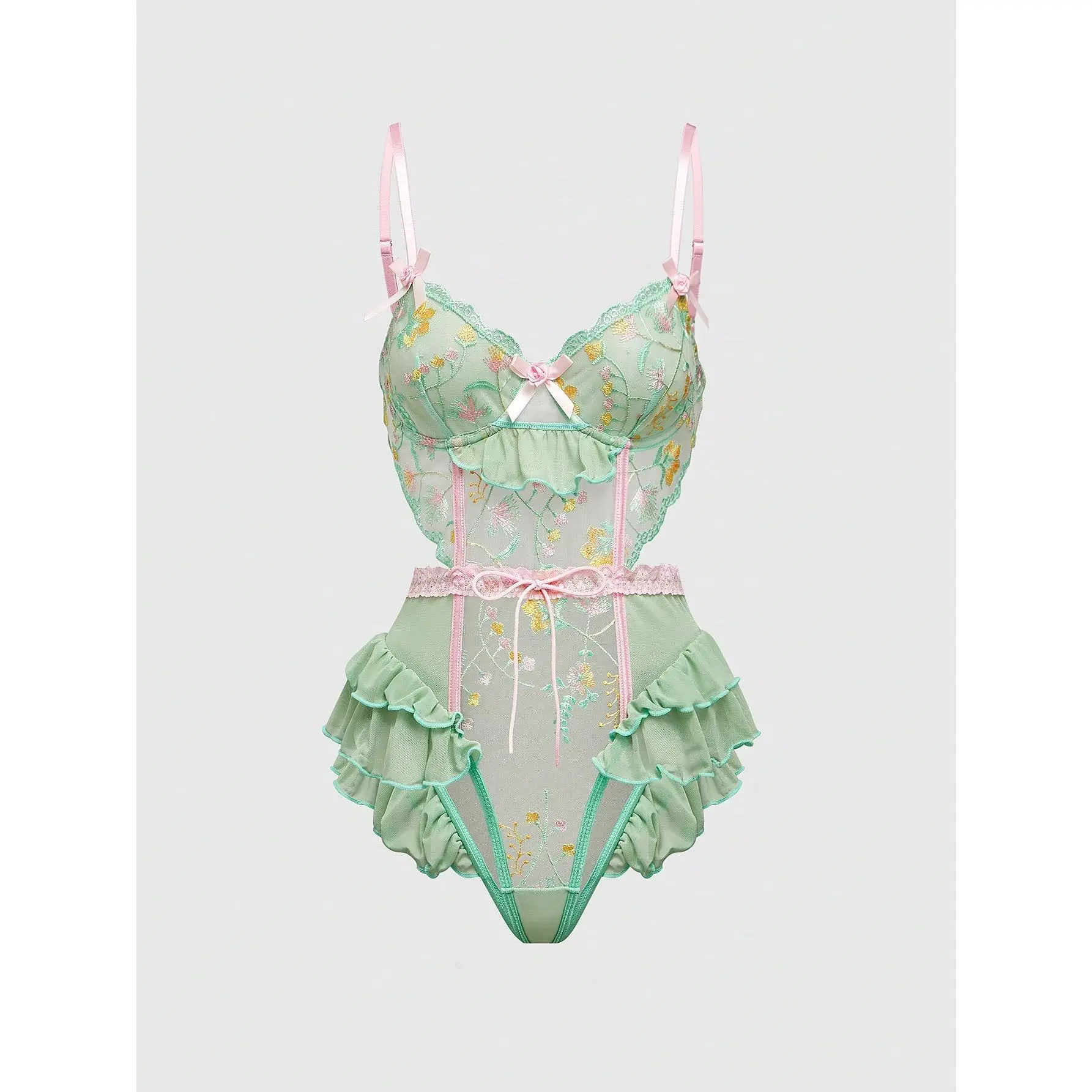 Romantic Floral Bodysuit for Women, Feminine Bridal Lingerie with Ruffle Trim and Underwire Support in Breathable Fabric, Flowers, Floral Print, Lady, Cute