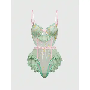 Romantic Resort Floral Embroidery Ruffle Trim Bowknot Handmade Underwire Bodysuits For Women