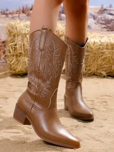 Women's Western Cowboy Boots, Western Inspired Boots, European Style New Design, Traditional Embroidered Pointed Toe High Heel Mid-Calf Boots, Cowgirl Boots, Anti-Slip Sole