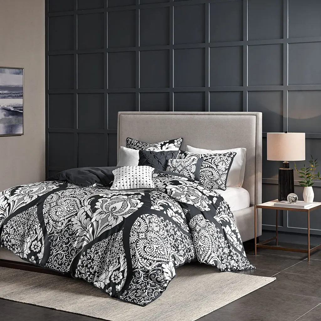 Black Bedding Set - Madison Park Vienna Transitional Damask Printed Cotton Sateen Embroidery Duvet Cover Bed Set (MP12-7957), 6-Piece King/California King, 104x92x0.13in, Machine Washable, Pillow Spot Clean