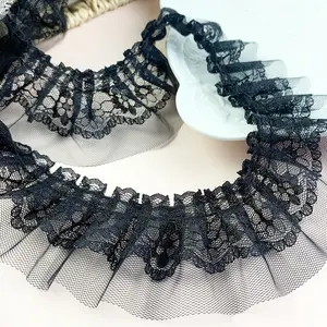 1pc Black Polyester Double Layer Pleated Lace Mesh Trim Ribbon, Embroidered Ruffle Collar Sewing Material for Clothing Splicing, 1.9 inches Wide