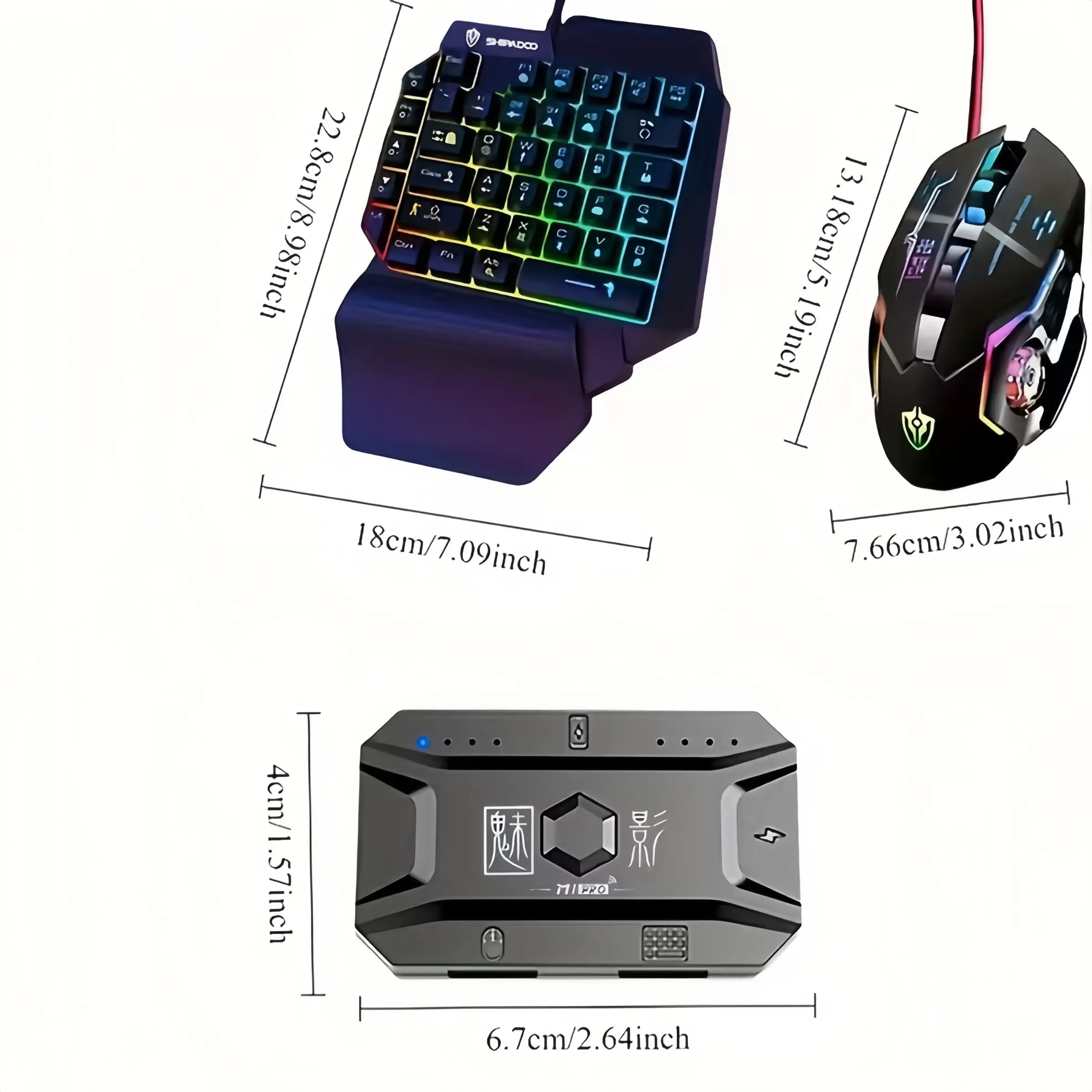 Mobile gaming keyboard and mouse adapter, one handed RGB backlit