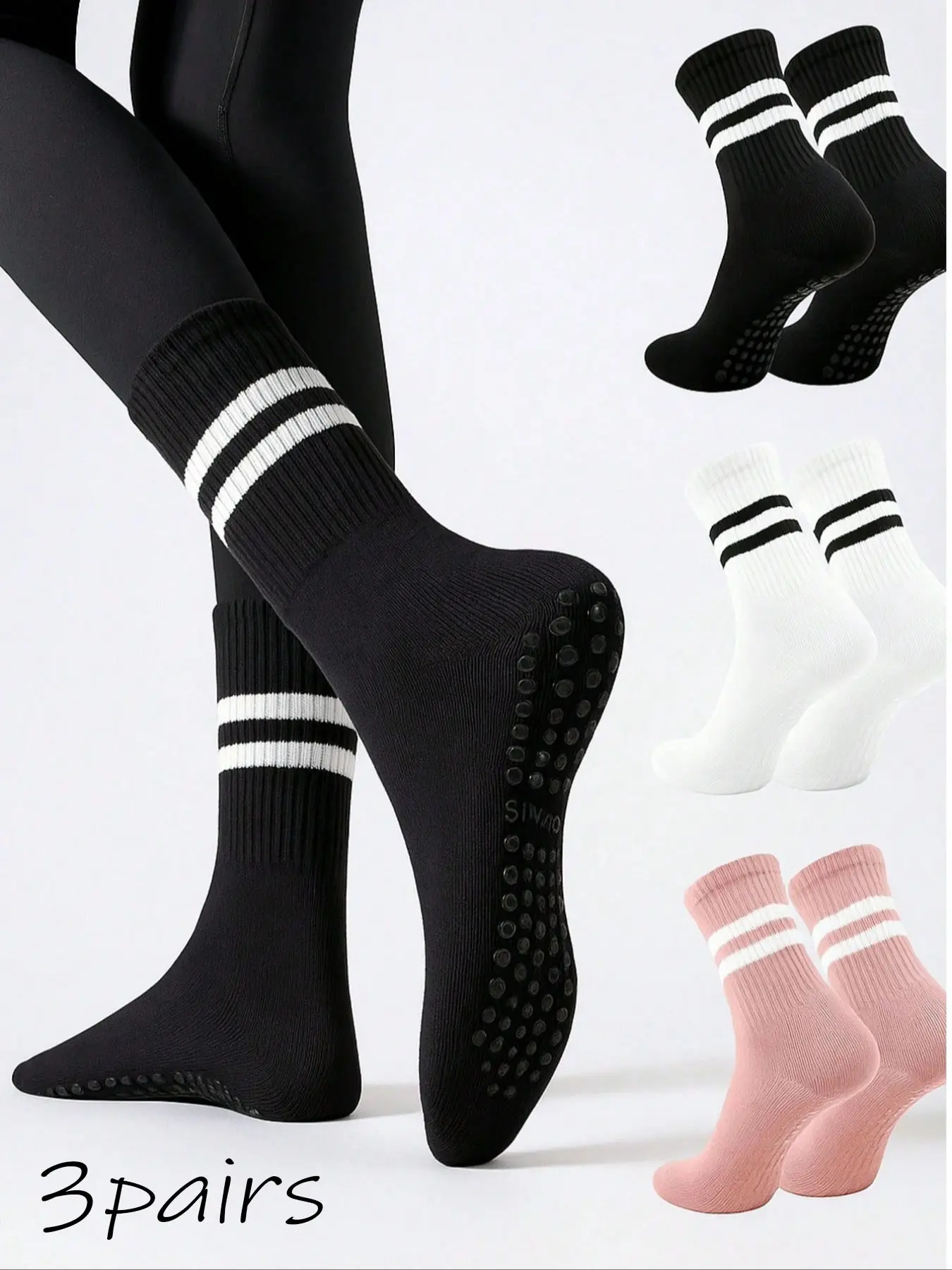 3 Pairs Women's Yoga Socks, Sports Socks, Mid-Calf Silicone Non-Slip Socks, Pilates Socks, Gym Indoor Fitness Jumping Socks, Solid Color, Simple Style