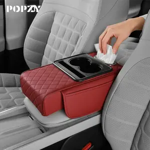 POPZY｜5-in-1 Car Center Console Cover, Multifunctional Embossed PU Leather Arm Rest Cover with Cup Holder/Phone Holder/Pocket/Tissue Holder, Height Enhancement Car Armrest Cushion for Most Cars