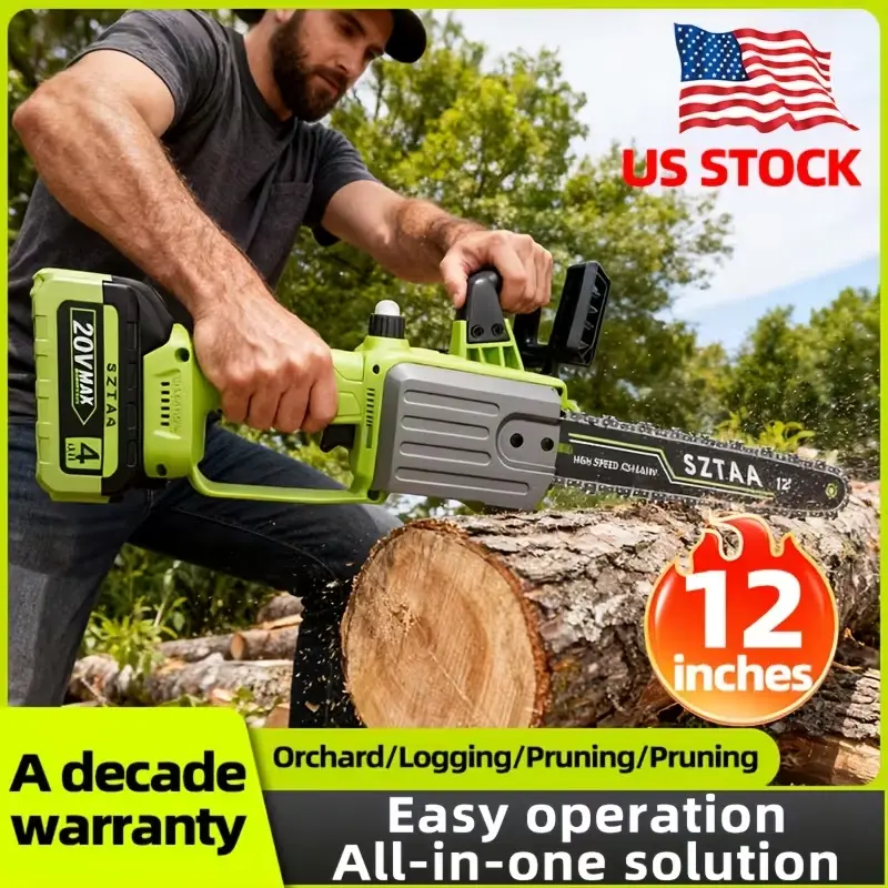 12-Inch Powerful Cordless Brushless Lithium Battery Chainsaw, Stainless Steel Garden Tool with Auto Oiling Lock, Safety Lock, Portable Electric Saw for Woodcutting, Men’s Valentine’s Day Gift
