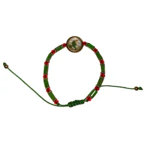 Saint Jude Bracelet with Green Beads and Red Accents Adjustable String for Women and Men