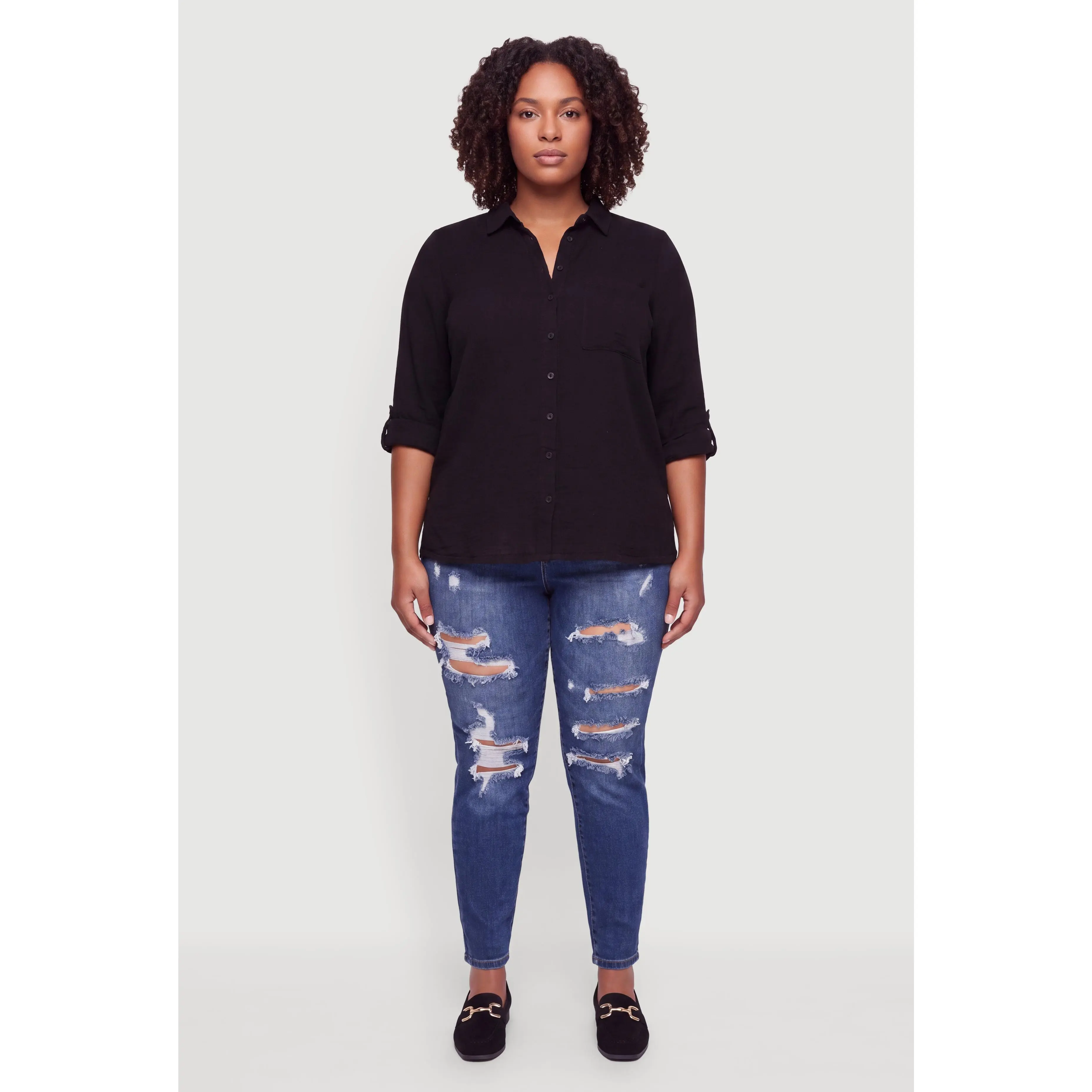 Plus Size Gauze Knit Tab Sleeve Button Front Shirt