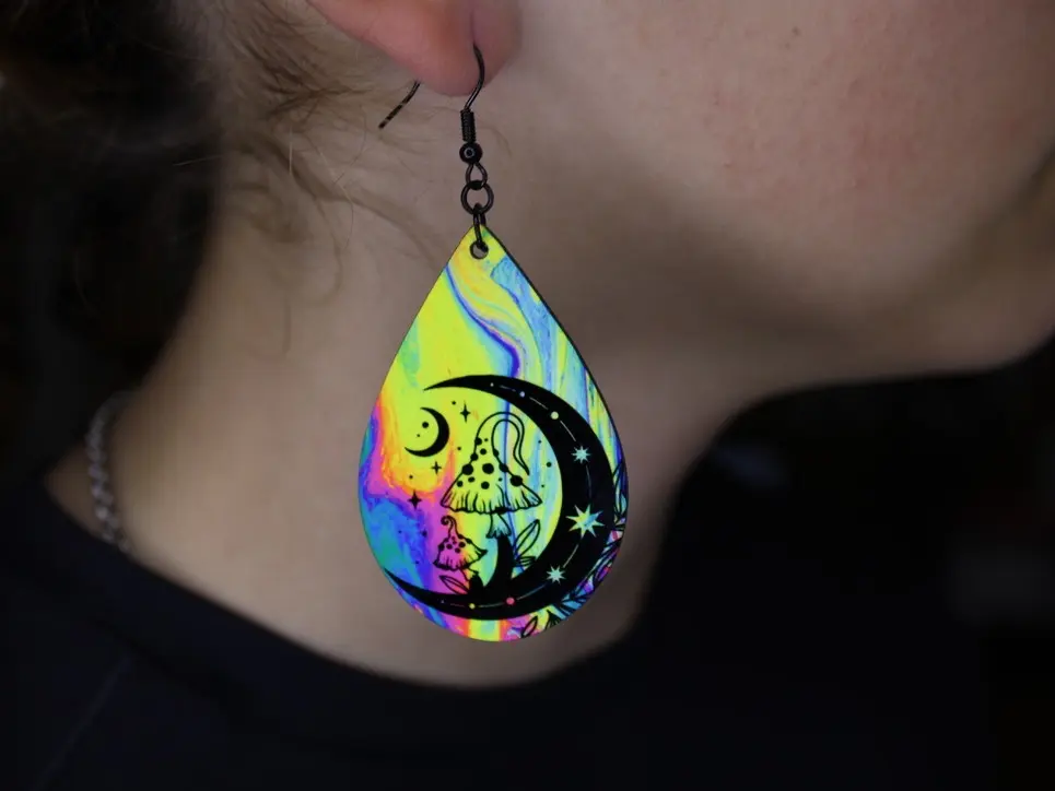 Mushrooms on a Crescent Moon with Bright Colorful Background Large Teardrop Earring with Hypoallergenic Hook
