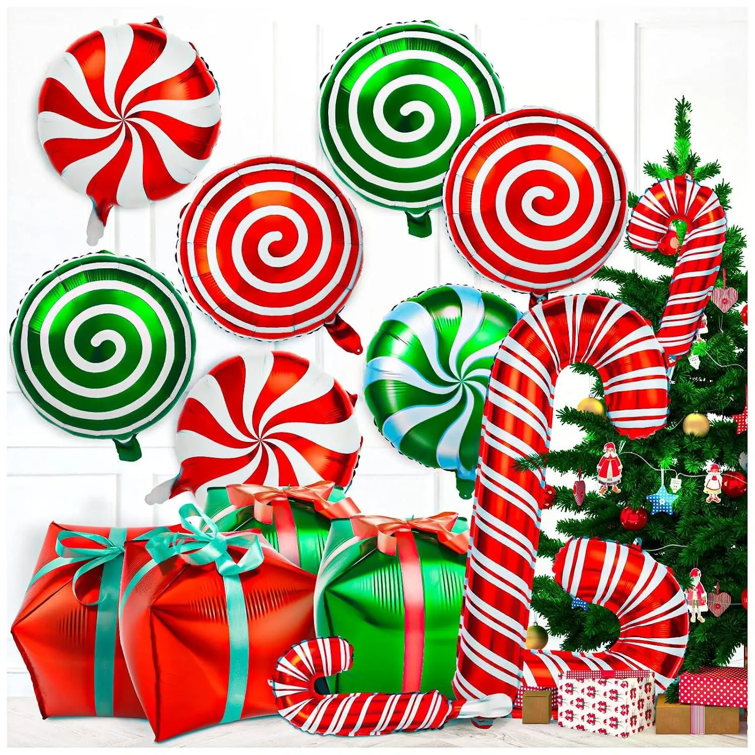 30Pcs Christmas Foil BalloonsLarge Candy Cane Swirl Mylar Balloons With RibbonsRed Green Balloons For Birthday And Candies Theme Party Decorations