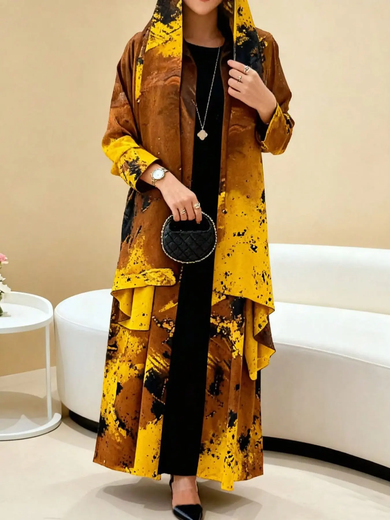 Middle Eastern Muslim Fashion Elegant Casual Long Sleeve Cardigan + Headscarf Robe, Ethnic Pattern, Fitted, All Seasons, Muslim Set, Elegant Islamic Clothing, Muslim Women Clothing, Modesty Muslim Clothing, Muslim Outfits