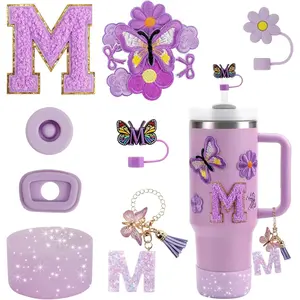 15PCS Cup Accessories Set for Stanley Cup 30oz 40oz Tumbler with Handle, Including Silicone Straw Cover and Boot, Spill Proof Stopper, Stanley Charms, Handle Charm, Initials Sticker