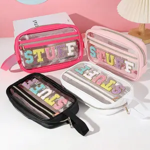 Display Letter Clear Cosmetic Bag Skin Bag, Preppy Patch Cosmetic Bag With Zipper, Clear PVC And Nylon Portable Glitter Cosmetic Bag Travel Toiletries Storage Ladies Girls. Cosmetic Bags, Preppy Patch Cosmetic Bags,