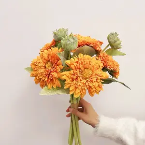 5 Blooms + 3 Buds Teddy Bear Sunflower Artificial Bouquet, 47cm Silk Fake Flowers for Home & Fall Decor