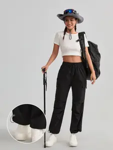 Women's Plain Color Pocketed Casual Pants, Daily Wear Versatile Hiking Running Sports Cycling Outdoor Long Pants