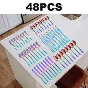 48-Piece Cutlery Set – Gold/Black/Rainbow | Heavy-Duty Stainless Steel Flatware | Complete Cutlery Kit for Kitchen and Parties Tableware fork