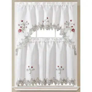 3pc Kitchen Curtain Flower White Valance Set Including 1 Swag Valance and 2 Tiers Each Tier 29"x 34" Valance 58"x 34"