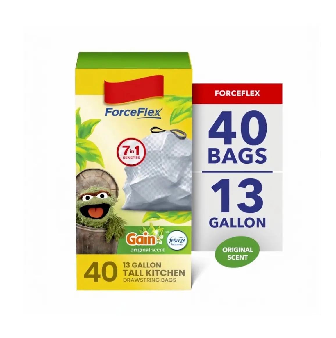 ForceFlex 13-Gallon Drawstring Tall Kitchen Trash Bags, Gain Original Scent, 40-Count Home Care Trash Supplies