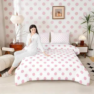 Pink Polka Dots Comforter Set,French Style Dots Cartoon Cute Girly Bedding Set for Kids Teens,Geometric Circles Pink White Simple Art Comforter