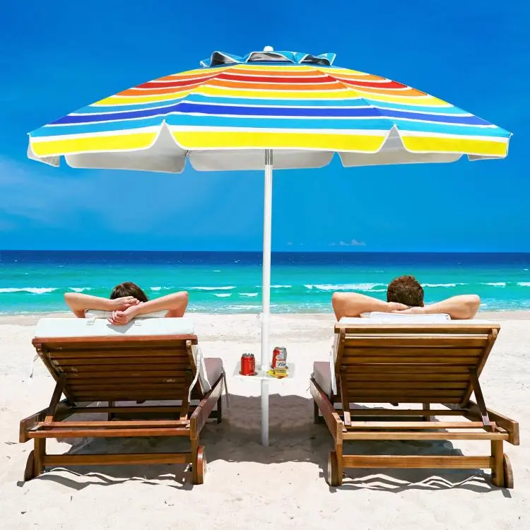 COSTWAY 6.5/7.2 FT Beach Umbrella, Portable Outdoor Umbrella with Sand Anchor, Adjustable Tilt, Steel Pole, Carrying Bag, Outdoor Sunshade Shelter with Cup Holder for Beach, Poolside,4th of july decor, dad gift