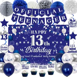 13Th Birthday Decorations for Boys Girls, Blue Silver Official Teenager Party Decorations, Happy 13Th Birthday Backdrop, Banner, Balloons, Pompoms, Hanging Swirls, Birthday Card, Cake Topper Set 54Pcs PINKBAOBAO