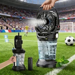 Black Portable Misting Fan for Camping: Battery-Powered with Remote, 2L Water Bucket, Auto-Oscillation & Timer