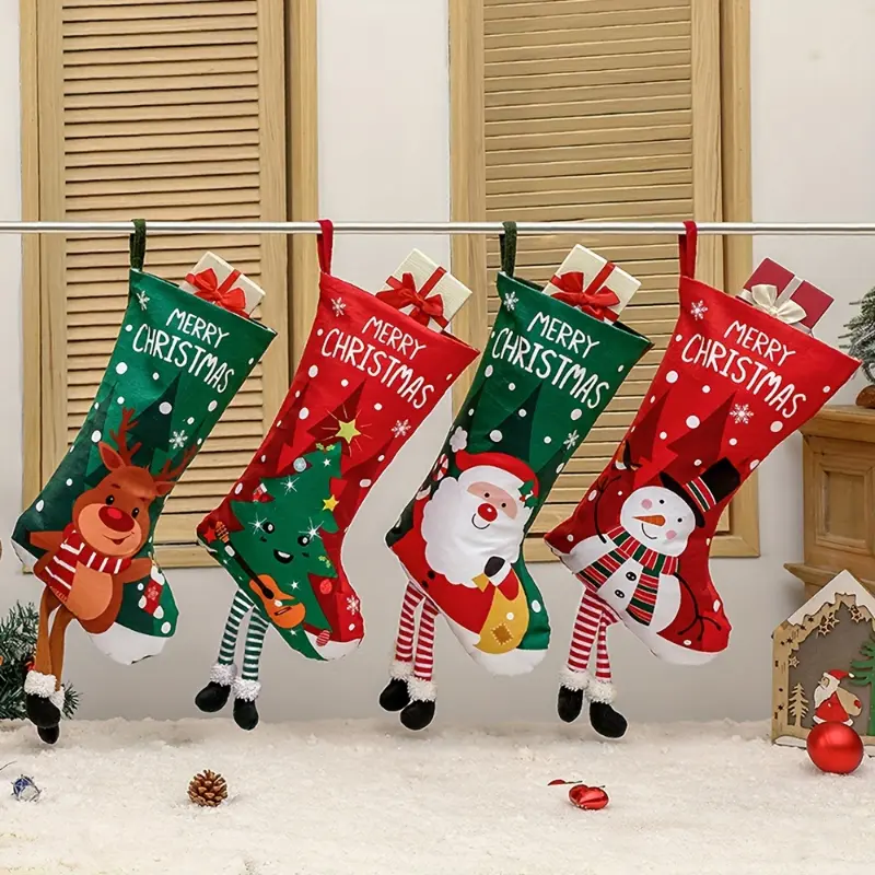 Set Of 4 Adorable Christmas Stockings With Cute Feet Design - Perfect For Holiday Party Decor, Staircase, Mantel, And Tree Hanging Ornaments Decoration Ornaments Decoration