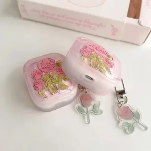 Rose Flower Floral Braid Design Earphone Case for AirPods 3rd Gen, Bouquet Pendant Hanging Bag Keychain, Stylish Protective Cover