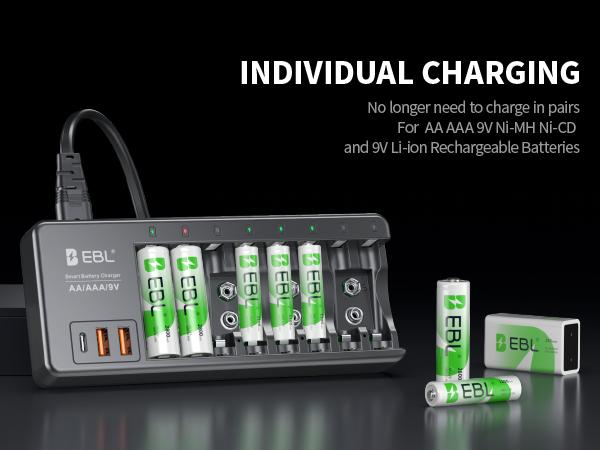 EBL AA AAA 9V Individual Battery Charger for AA AAA 9V NiMH NiCD and 9V Li-ion Rechargeable Battery, with 2 USB-A & 1 USB-C Charging Ports