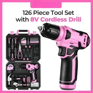 8V Pink Cordless Tool Set| 126-Piece All-In-One DIY Kit For Home Use, Includes Power Wrench And Portable Toolbox, USB-C Rechargeable, Lightweight And Practical – Ideal For Home Repairs, Workshop Use, And Various DIY Project Enthusiasts.