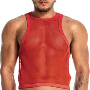 FIROTTII Mens Mesh See-Through Sleeveless Tank Top Fishnet Fitted Muscle Sleeveless Tank Shirt Red XL Crew Neck Regular Fit Summer Wear