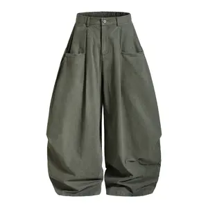 Inflation 100% Cotton Baggy Balloon Pants Men Back Elastic Waist Pleated Wide Leg Draped Oversized Casual Streetwear Trousers