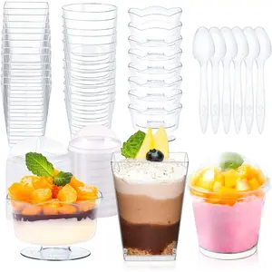 340 Packs 4/5 oz Plastic Dessert Cups with Lids and Spoons, Square/Round/Round Goblet Clear Dessert Parfait Cups, Small  Fruit Ice Cream Pudding Appetizer Cup Bowls