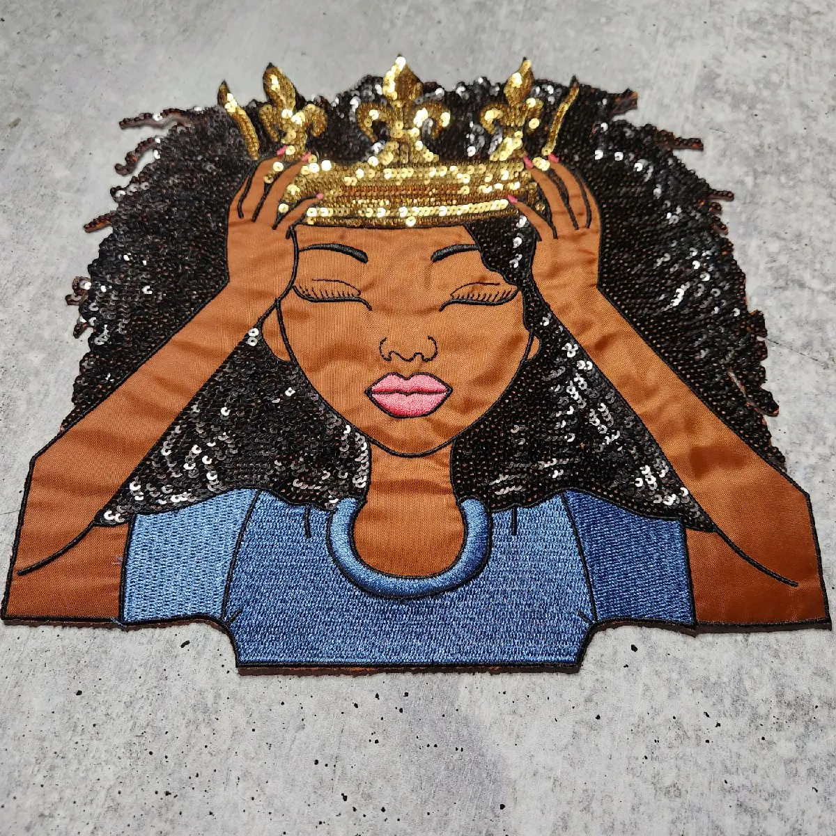 Patch Party Club Adjust Your Crown Sis (BLUE SHIRT) Embroidery & Satin Patch 10.5'' with 3D Stitching, Iron-on Applique, and Seals on Polyester/Cotton Fabrics