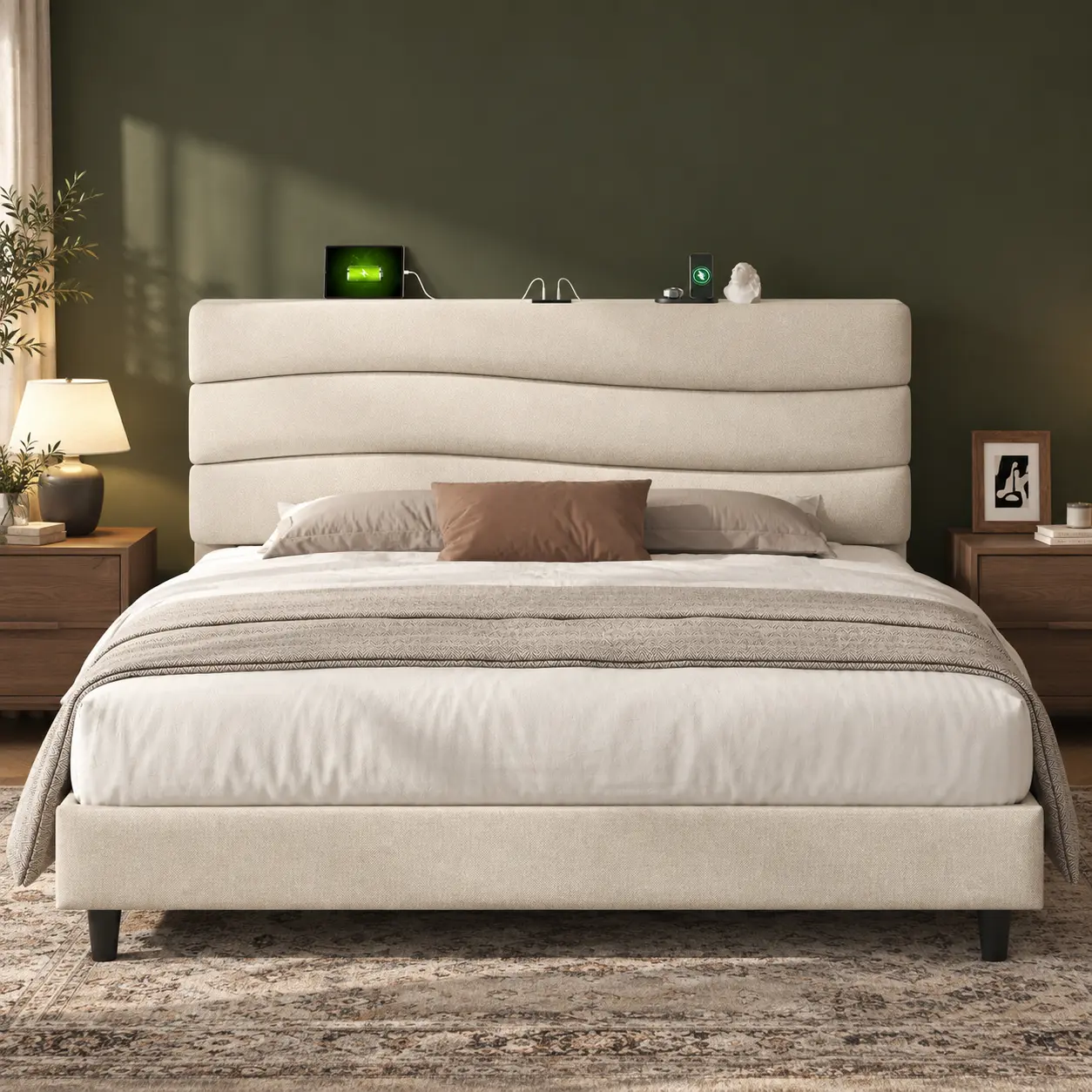 【Beds for Teens】Raybee Modern & Quiet Luxury Upholstered Platform Bed Frame with Adjustable Headboard【Frame ONLY,No Box Spring Needed】Center Support & Noise-Free Wooden Slats,Built-in Charging Station,Heavy Duty & Easy Assembly, Grow & Room to College