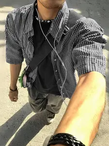 Men's and women's summer short-sleeved checkered shirts in a streetwear style, retro Vintage Y2K fashion, Casual, Loose design; classic and versatile, suitable for daily outings, campus commutes, street scenes, gatherings, and personal style