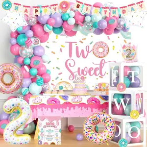 134 Pcs Two Sweet Party Decorations - Donut Second Birthday Party Decorations, Includes Latex & Foil Balloons, Backdrop, Banner, Cake & Cupcake Toppers, Tableware & More