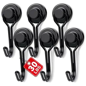 6pcs Black Heavy-Duty Magnetic Hooks (30lbs+ Strength) - Home Organiser, Cruise Cabin Ship Essentials, Fridge/Refrigerator Hanging Pack for Kitchen & Home Use