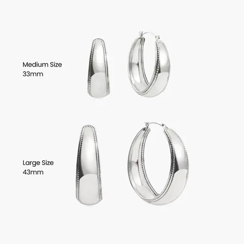 en route Orin Large Hoop Earrings in Silver, Polished Silver Finish with Rope-Textured Trim, Bold Statement Piece for Powerful and Fluid Styling