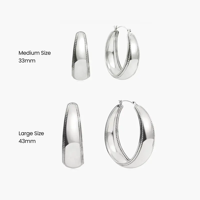 en route Orin Large Hoop Earrings in Silver, Polished Silver Finish with Rope-Textured Trim, Bold Statement Piece for Powerful and Fluid Styling