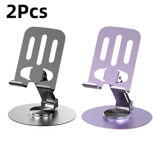 2PCS  360° mobile phone tablet holder, suitable for all mobile phones,metal mobile phone holder rotating,  foldable and expandable holder, portable for travel，adjustable desk portable(Purple + Silver)