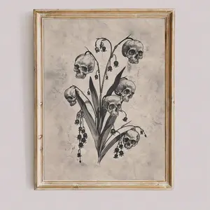 1pc Unframed Vintage Gothic Skull Flower Canvas Poster Print Dark Academia Witchy Wall Art Decor Retro Painting For Apartment,Living Room,Bedroom,Modern Home Decoration