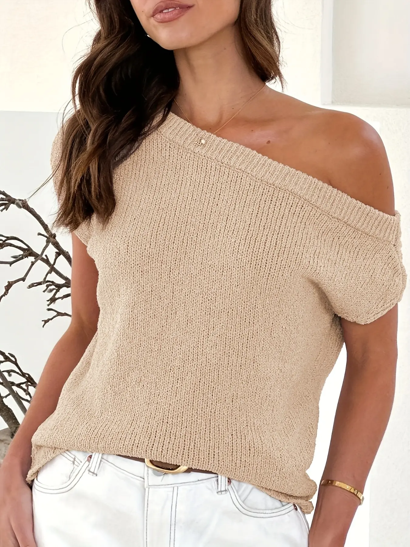 Women's Off-Shoulder Knit Top, Lightweight Slouchy Pullover with Asymmetrical Neckline, Modern Minimalist Short-Sleeve Casual Sweater, Knitwear, Minimalist Aesthetic Women's Pullovers, Off The Shoulder Women's Pullovers