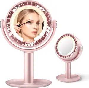 KinYiLO 3-in-1 Makeup Fan with Mirror & LED Light, 3000mAh Face Fan Rechargeable, 5 Speeds Up to 12H, 3 Color Lights, Quiet Personal Desk Gifts for Women Skincare Eyelash Extensions