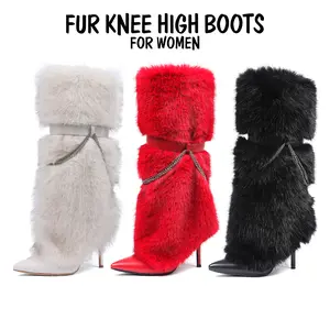 VIMISAOI Womens Faux Fur Knee High Boots Fold Over Pointed Toe Stiletto High Heel Side Zipper Chains  Snow Boots Comfortable Fashion Party Dress Trendy Boots