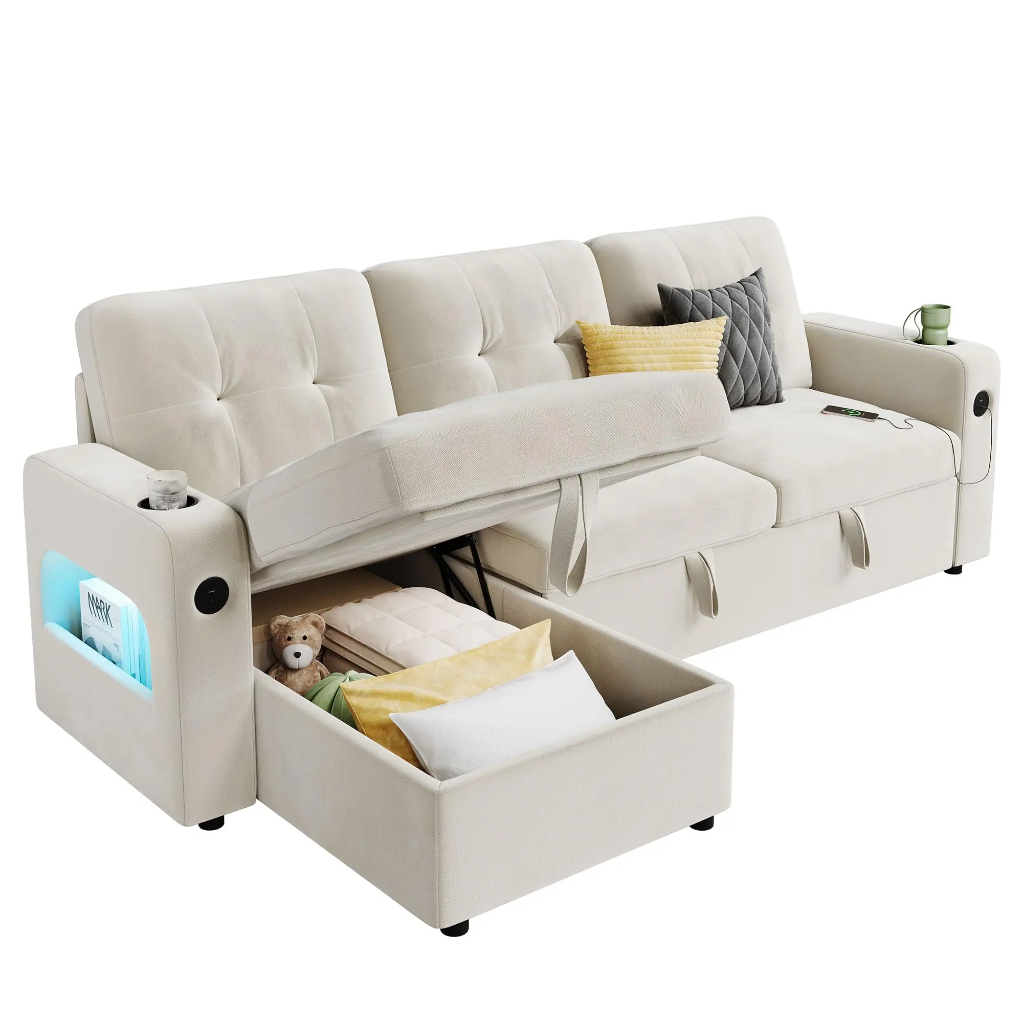 Garvee 84" Sleeper Sofa Bed, Modular Sectional Cloud Couch with Reversible Storage Model Pull Out Couch, Charging Station, Led Lights for Living Room, Apartment, Velvet - Beige