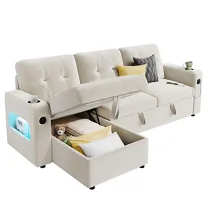 Garvee 84" Sleeper Sofa Bed, Modular Sectional Cloud Couch with Reversible Storage Model Pull Out Couch, Charging Station, Led Lights for Living Room, Apartment, Velvet - Beige