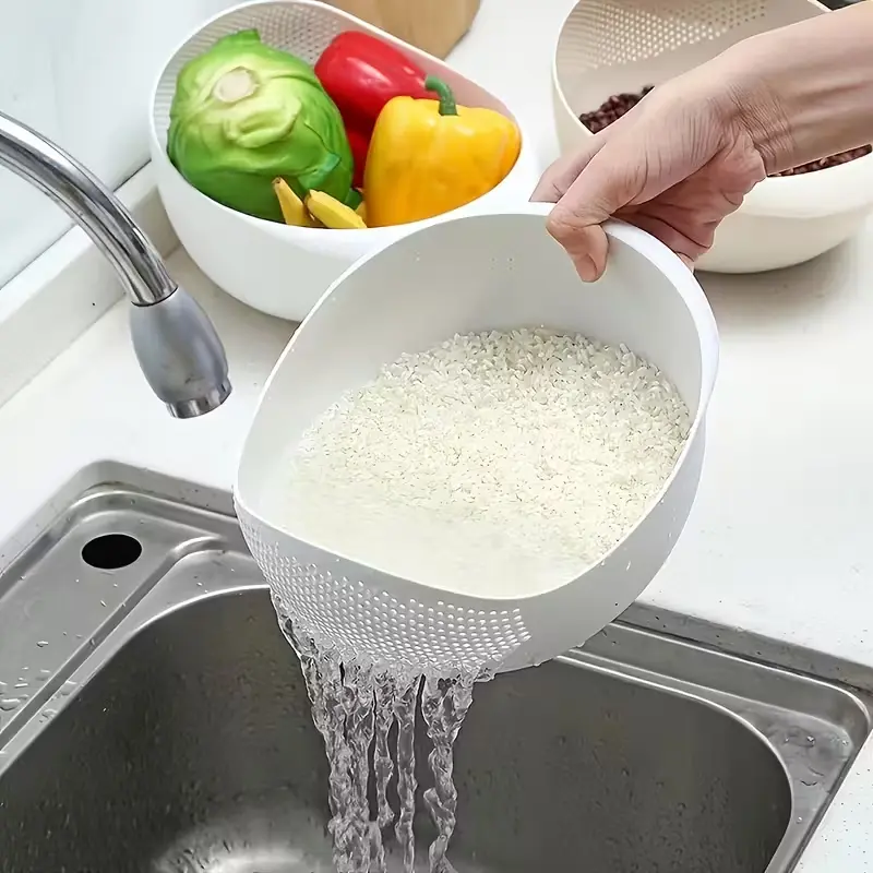 White Rice Washing and Draining Basket, Creative Plastic Rice Strainer with Handle for Easy Use, Multi-Functional Kitchen Utensil – Large Capacity Streamlined Design for Quick Water Drainage & Storage, Ideal for Rice/Washable Vegetables